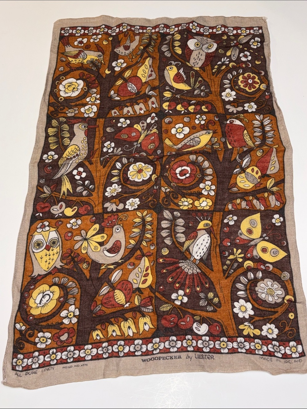 Woodpecker by Ulster Vintage Bird Print Linen  vintage Ulster Weavers Dishcloth